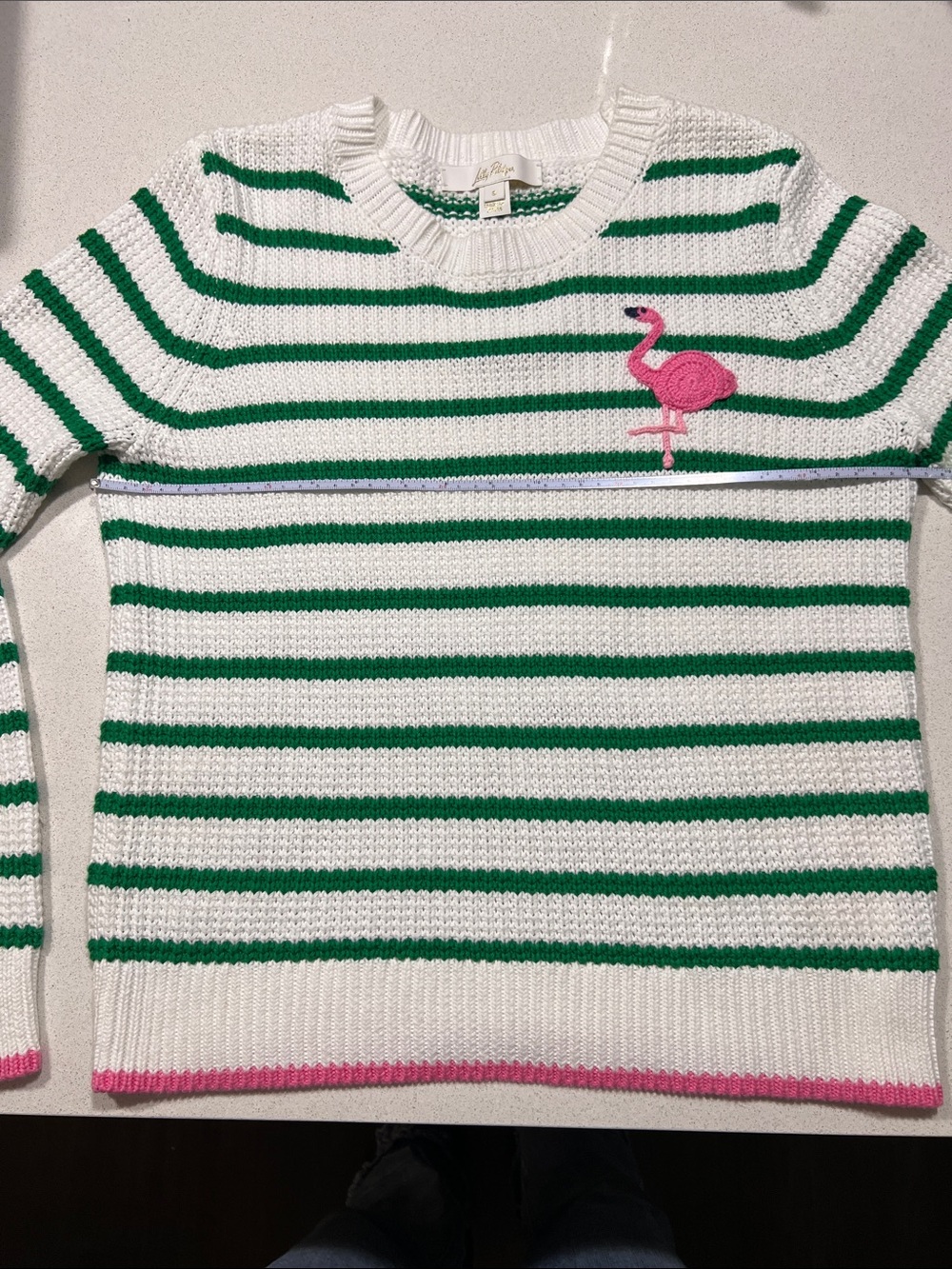 Lilly Pulitzer Jovienne Cotton Sweater, green white stripe, pink trim. Like New. - Picture 9 of 9